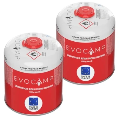 Abbildung von EVOCAMP 2X Propan Butan Gaskartuschen 450g einsetzbar für Weber Grills Q100/1000 Serien, Schraubkartusche Eurogewinde 7/16&quot;, Ventilkartusche 809ml mit Sicherheits Verschlussautomatik