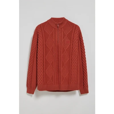 Abbildung von Polo Club Herren Pullover Mit Zopfmuster Nil Orangerot Reißverschluss Und Detail M