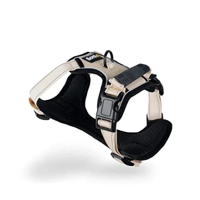 Abbildung von lionto Hundegeschirr gepolstert aus weichem Nylon, Größe XL, reflektierendes Anti Zug Geschirr für Hunde mit 2 Ringen &amp; 4 Einstellgurten, Zwei Klickverschlüsse gummierter Griff am Rücken, beige