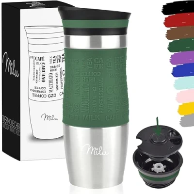 Abbildung von Milu Thermobecher Kaffee to go 370ml, 450ml Isolierbecher Kaffeebecher 100% Auslaufsicher Trinkbecher aus Edelstahl Autobecher doppelwand Isolierung Travel Mug (Olivgrün, 370ml)
