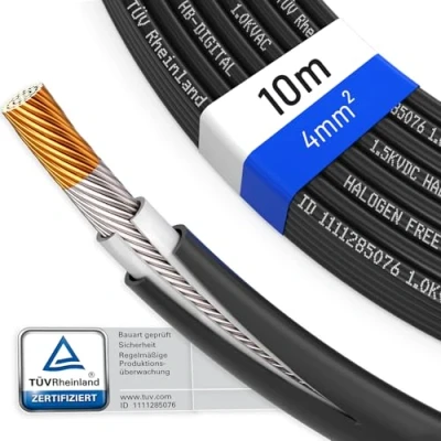 Abbildung von hb digital 10m Solarkabel H1Z2Z2 K TÜV Rheinland zertifiziertes 4mm² flexibel UV witterungsbeständig PV Kabel reines Kupfer 1500V DC für Solarpanel Wechselrichter Photovoltaik Schwarz