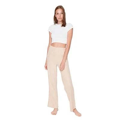 Abbildung von Trendyol Damen Herren Loungewear Hoher Bund Figurbetont Hose Pants High Waist Woven Fitted Stone Pants, Stone, M