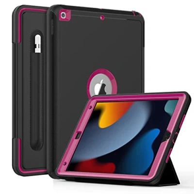 Abbildung von DAORANGE Hülle für iPad 9./ 8./ 7. Generation(iPad 10,2 Zoll, Modell 2021/2020/2019), Stoßfeste Fallschutz Schutzhülle mit Stifthalter und Auto Schlaf/Wach Ständer (Schwarz+Rose)
