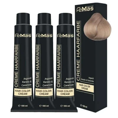 Abbildung von FemMas Haarfarbe 3x Platinblond Intensiv 11.0 I Professionelle Creme mit Arganöl, Keratin &amp; Ceramiden dauerthafte Haarfärbung oder Tönung für strahlende Farbergebnisse 100 ml