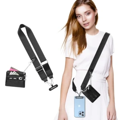 Abbildung von MoKo Universal Phone Lanyard, Lanyard Crossbody mit Abnehmbarer Tasche, verstellbare um den Hals Patches für iPhone, Samsung, die meisten Smartphones, Schwarz