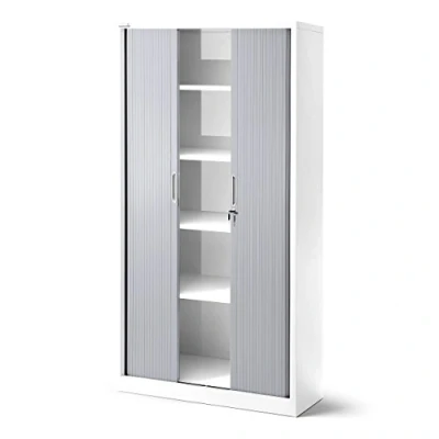 Abbildung von Jan Nowak Rollladenschrank Aktenschrank Büroschrank mit Rolltüren Metall Pulverbeschichtung 4 Einlegeböden 185 cm x 90 45 (Weiß Grau)