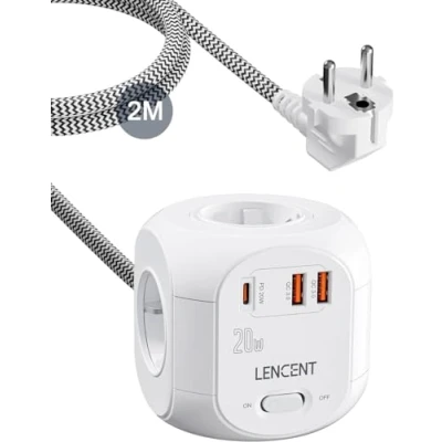 Abbildung von LENCENT 4 Fach Steckdosenleiste Steckdosenwürfel Typ C PD20W Mehrfachsteckdosen 7 in 1 Cube Steckdose Steckerleiste mit 2 USB 3.0 &amp; PD20W, Mehrfachstecker Meter Geflochtenem Kabel