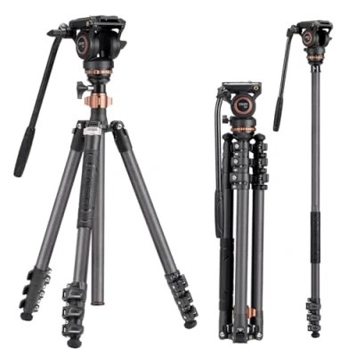 Abbildung von Cayer CF2451 67 Zoll Kohlefaser Videostativ mit Fluid Drag Head, kompaktes 4 teiliges DSLR Stativ, umwandelbar in Einbeinstativ, für Canon Nikon Sony Kamera