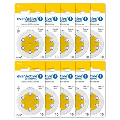 Abbildung von everActive 10, 60 Stück, Hörgerätebatterien, hohe Leistung, Zink Luft Batterien, 10 Blisterkarten, 4 jährige Haltbarkeit, gelb, Ultrasonic PR70