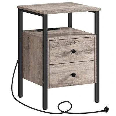 Abbildung von HOOBRO Nachttisch mit Ladestation, Beistelltisch, Sofatisch 2 Schubladen, Couchtisch USB Anschlüssen für Wohnzimmer, Schlafzimmer, Modern, 40 x 61 cm, Greige Schwarz EBG43CBZ01G2