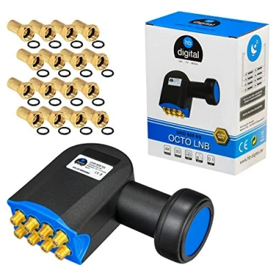 Abbildung von HB DIGITAL Octo Ultra LNB NW LNC für 8 Teilnehmer/Receiver [2X Test Sehr gut] Direktanschluss Full HDTV 4K Schwarz vergoldete Kontakte Wetterschutzkappe (schiebbar) inkl. 16x F Stecker vergoldet