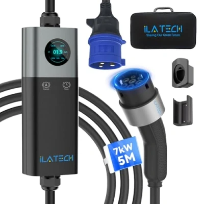 Abbildung von iLa Tech Ladekabel Typ 2 CEE Stecker 7kW 5M, EV Ladegerät 32A 1 Phasig mit Einstellbarer Ladeleistung, LCD Display, IP65 Schutzniveau, Mobile Wallbox Kabelhalterung und Aufbewahrungstasche