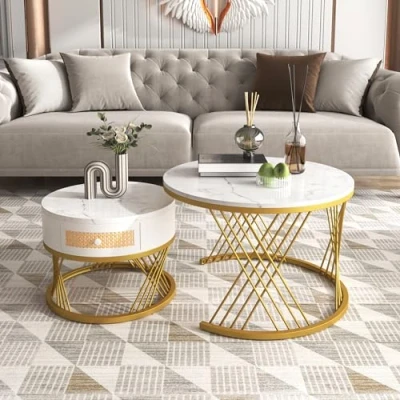Abbildung von Merax Couchtisch 2er Set, Rund Wohnzimmertisch mit Marmor Furnier, Coffee Table aus Massivholz Schublade, Metallgestell, Weiß und Gold