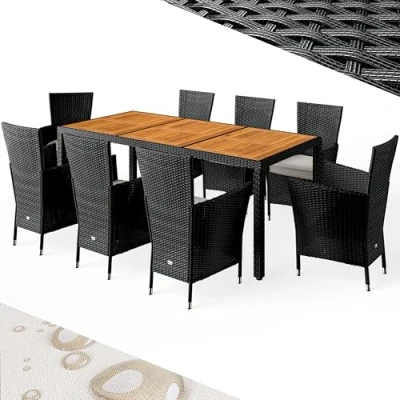 Abbildung von Casaria® Gartenmöbel Set Holz Polyrattan 8 Gartenstühle Stapelbar 190x90cm Gartentisch Akazie Wetterfest Outdoor Terrasse Sitzgruppe Essgruppe Schwarz
