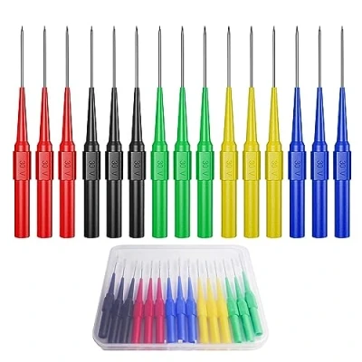 Abbildung von Cleqee 15 Stück Automobilindustrie Back Probe Pins Multimeter Wire Piercing Prüfspitzen mit 4mm Buchse 0,7mm Puncture Nadel 30V/10A für kleine IC Elektronikprüfung Fünf Farben