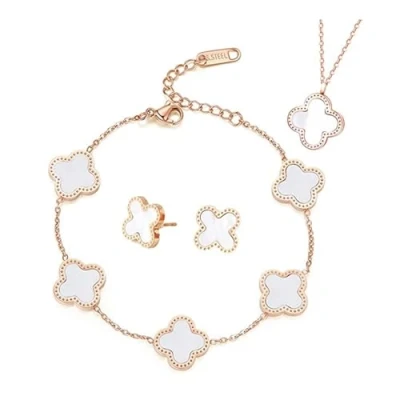Abbildung von TOFBS Vierblättriges Kleeblatt Schmuckset für Damen und Mädchen 18K Roségold Plattiert Edelstahl Zweiseitig Weiß Schwarz Anhänger Halskette Ohrstecker Armband Emaille Schmuck Set (Weiß)