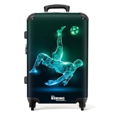 Abbildung von NoBoringSuitcases.com© Kinderkoffer Silhouette eines Fußballspielers in Grün und Blau 67x43x25cm, 4 Rollen, Reisekoffer mit Rollen Mittelgroßer, Jungenkoffer