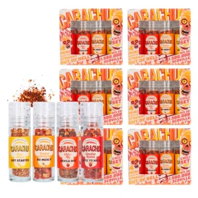 Abbildung von CARACHO Chilimühle Set, 6er Vorteilspack, Superhot Vol. 2, Besonderes Chili Scharfes Gewürze Geschenkset für Männer &amp; Frauen Schärfeliebhaber