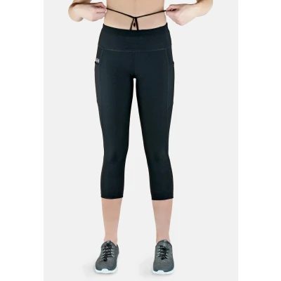 Abbildung von Damen 3/4 Laufhose Capri Hoher Bund. Atmungsaktiv. mit Handytasche schwarz