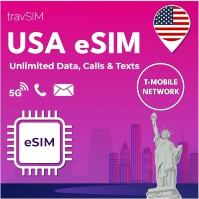 Abbildung von travSIM USA eSIM T Mobile Netz Unbegrenzte Daten, Anrufe &amp; Texte in den e SIM Amerika funktioniert auf kompatiblen iOS Android Geräten Karte 14 Tage