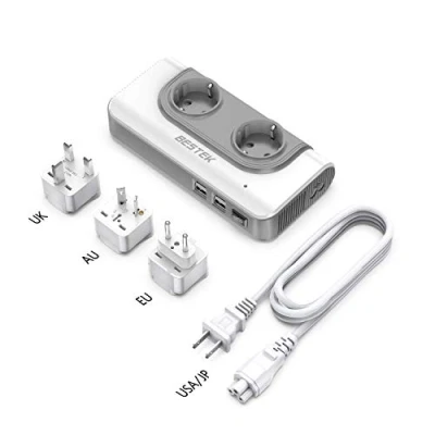 Abbildung von BESTEK 200W Spannungswandler mit 4 USB Reiseladegerät 110v auf 230v Reiseadapter Stromwandler austauschbare UK, EU, AU Reisestecker für Reisen nach USA, JAP, KAN, AUS, China,Thailand weiß