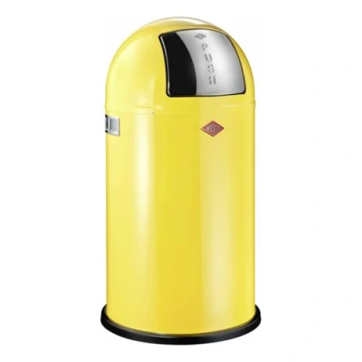 Abbildung von Wesco Pushboy Mülleimer in der Farbe lemon gelb, pulverbeschichtetes Stahlblech, 50 Liter Volumen, große Edelstahlklappe, herausnehmbarer Innenbehälter