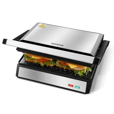 Abbildung von Aigostar Hett pro Kontaktgrill für Sandwiches, Steak und als Panini Grill, Sandwichmaker mit Antihaftbeschichtung, 1500W Grill Abnehmbare Ölsammelbox, 180º Öffnung.