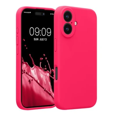 Abbildung von kwmobile Handyhülle kompatibel mit Apple iPhone 16 Hülle gummierte Handy Case aus Silikon in Neon Pink