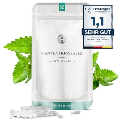 Abbildung von LoWell® 50g Mentholkristalle aus 100% reiner Minze Ideal als Sauna Aufgussmittel für die Wiederverschließbarer Beutel Menthol