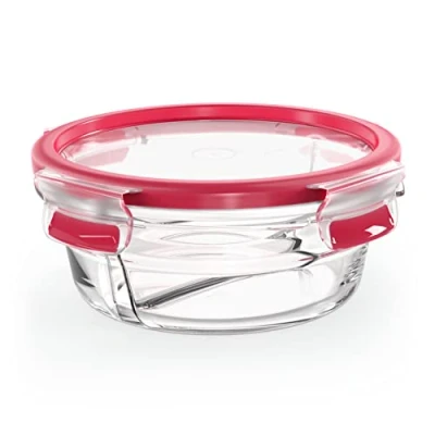 Abbildung von Emsa N10402 Clip &amp; Close Glas Frischhaltedose rund inkl. Abtrennung 0,55 L stapelbar gefrierfest backofenfest mikrowellenfest 100% dicht spülmaschinenfest Transparent/Rot