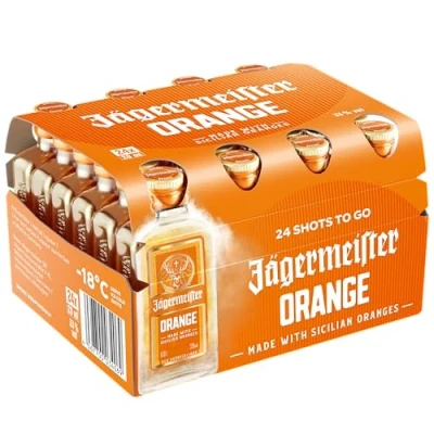 Abbildung von Jägermeister ORANGE 24 x 0,02l Premium Kräuterlikör Shots 33% Vol. Fruchtig frisch mit Citrusöl Extrakt aus sonnengereiften sizilianischen Orangen 56 erlesene Kräuter