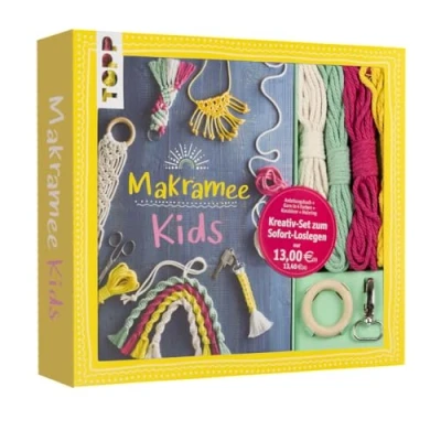 Abbildung von Kreativ Set Makramee Kids: Buch mit Grundlagen und Anleitungen für tolle Projekte, Garn in 4 Farben, Holzring Schlüsselanhänger Regenbogen (Buch plus Material)