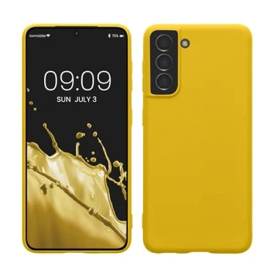 Abbildung von kwmobile Hülle kompatibel mit Samsung Galaxy S21 weiches TPU Silikon Case Cover geeignet für kabelloses Laden Strahlend Gelb