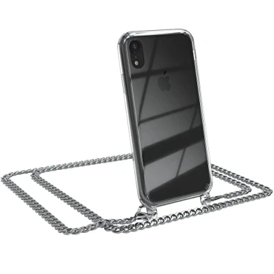 Abbildung von EAZY CASE Handykette kompatibel mit iPhone XR Handyhülle Metal Umhängeband und Ersatz Kordel schwarz, Handykordel Schutzhülle, Stylische Kette, Silber