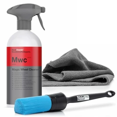 Abbildung von detailmate Felgenreingung Set: Koch Chemie MWC Magic Wheel Cleaner Säurefreier Felgenreiniger 500ml + ValetPro Reiningunspinsel Mikrofasertuch zum Auspolieren (Set chemieresistenter Pinsel)
