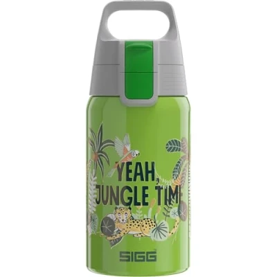 Abbildung von SIGG Edelstahl Trinkflasche Kinder Shield One Jungle Für Kohlensäurehaltige Getränke Geeignet Auslaufsicher Federleicht BPA frei Grün mit Jungel Aufdruck 0,5L