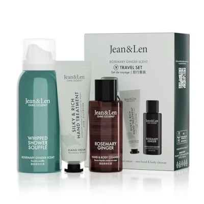 Abbildung von Jean &amp; Len Travel Set Rosemary Ginger, ideales kleines Geschenk oder Mitbringsel, Produkte für Körper und Geist, Verpackung ist FSC zertifiziert, kleine Reisegrößen, veganes Geschenkset