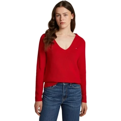 Abbildung von Tommy Hilfiger Damen Pullover Cardi Fine V Ausschnitt, Rot (Primary Red), XL
