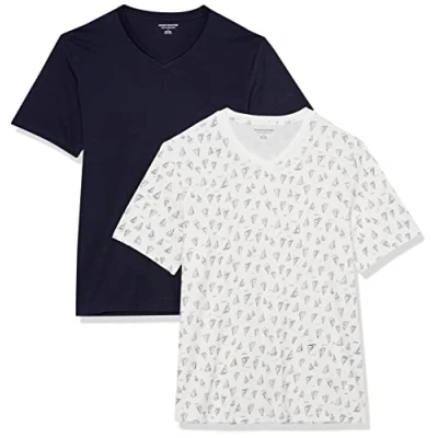 Abbildung von Amazon Essentials Herren Kurzärmliges T Shirt mit V Ausschnitt in normaler Passform (in Übergrößen erhältlich), 2er Pack, Marineblau/Bootsmuster, XXL