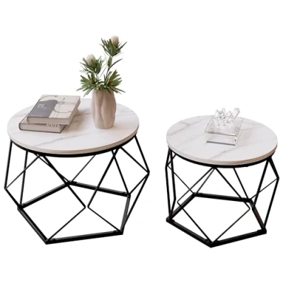 Abbildung von Vida Designs Brooklyn Runde Couchtische 2er Set Beistelltische Moderne Stahlrahmen Nesting Wohnzimmermöbel (Marmor)