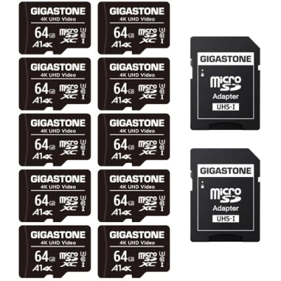 Abbildung von Gigastone 64GB MicroSDXC Speicherkarte 10er Pack + SD Adapter, für Action Kamera, GoPro, Drohne und Tablet, Lesegeschwindigkeit bis zu 95MB/s, 4K UHD Video, Micro Karte UHS I A1 Klasse 10 U3