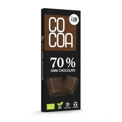 Abbildung von dunkle Schokolade 70% BIO 40 g, kein weißer raffinierter Zucker, ROH aus ungerösteten Kakaobohnen, klassische Kakao