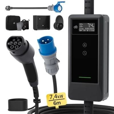 Abbildung von dé Ladekabel Typ 2 CEE Stecker Mobile Wallbox 7,4kW [1 phasig6m6 32A] mit Einstellbarer Ladeleistung, EV Charger und Ladestation für ID.3, ID.4, ID.5, Model Y / 3, e up, tron andere