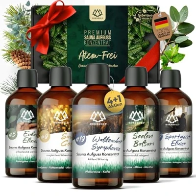 Abbildung von NORDHOLZ® Saunaaufguss Set [5x100ml Atemfrei] besonderes &amp; natürliches Sauna Aufgussmittel intensiver erholsamer Duft Zubehör