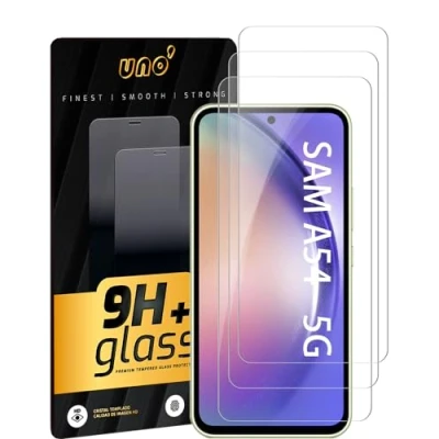 Abbildung von UNO&#039; 3 Stück Displayschutzfolie für Samsung Galaxy A54 5G (6,4 Zoll) Hartglas 0,33 mm Ultra klar, ultrarobust, kratzfest, Anti Fingerabdruck, blasenfrei, Härtegrad 9H.