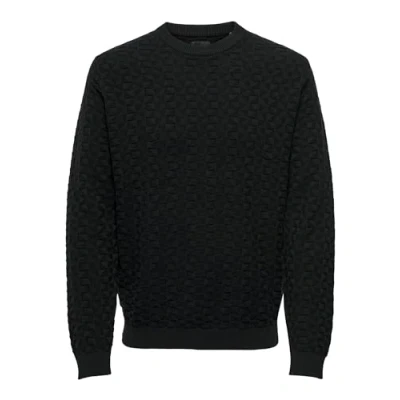 Abbildung von ONLY &amp; SONS Lässiger Pullover Gerippter Karo Feinstrick Longsleeve Design Muster Sweater, Farben:Schwarz, Größe Pullover:S