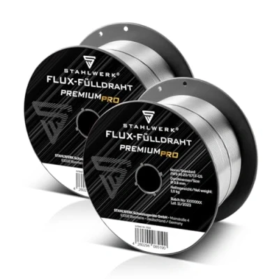 Abbildung von STAHLWERK Schweißdraht 2 x 0,8 mm MIG MAG Fülldraht D100 Drahtrolle 1 kg, (Packung), Premium FLUX Stahl Zusatzwerkstoff auf Spule