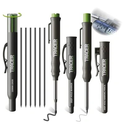 Abbildung von Tracer Komplett Tieflochmarkierungsset. Inklusive Doppelspitzigem Tiefbohr Dauermarker,Tieflochmarker Bleistift, 6x Ersatzminenspender Seitenhalter