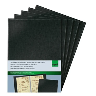 Abbildung von SIGEL SM130/5 Speisekarten Mappen / Präsentationsmappen mit Buchschrauben Bindung für A4, 5 er Pack, schwarz edler Leinenstruktur, strapazierfähig und leicht abwischbar