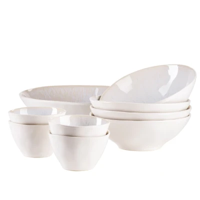 Abbildung von MÄSER Serie Frozen 9 teiliges Bowl Set aus schöner Keramik, 1 Salatschüssel, 4 Ramen Schalen und Dip Schälchen, organische Formen im Vintage Look, händisch lasiert, Steinzeug, Weiß, 26